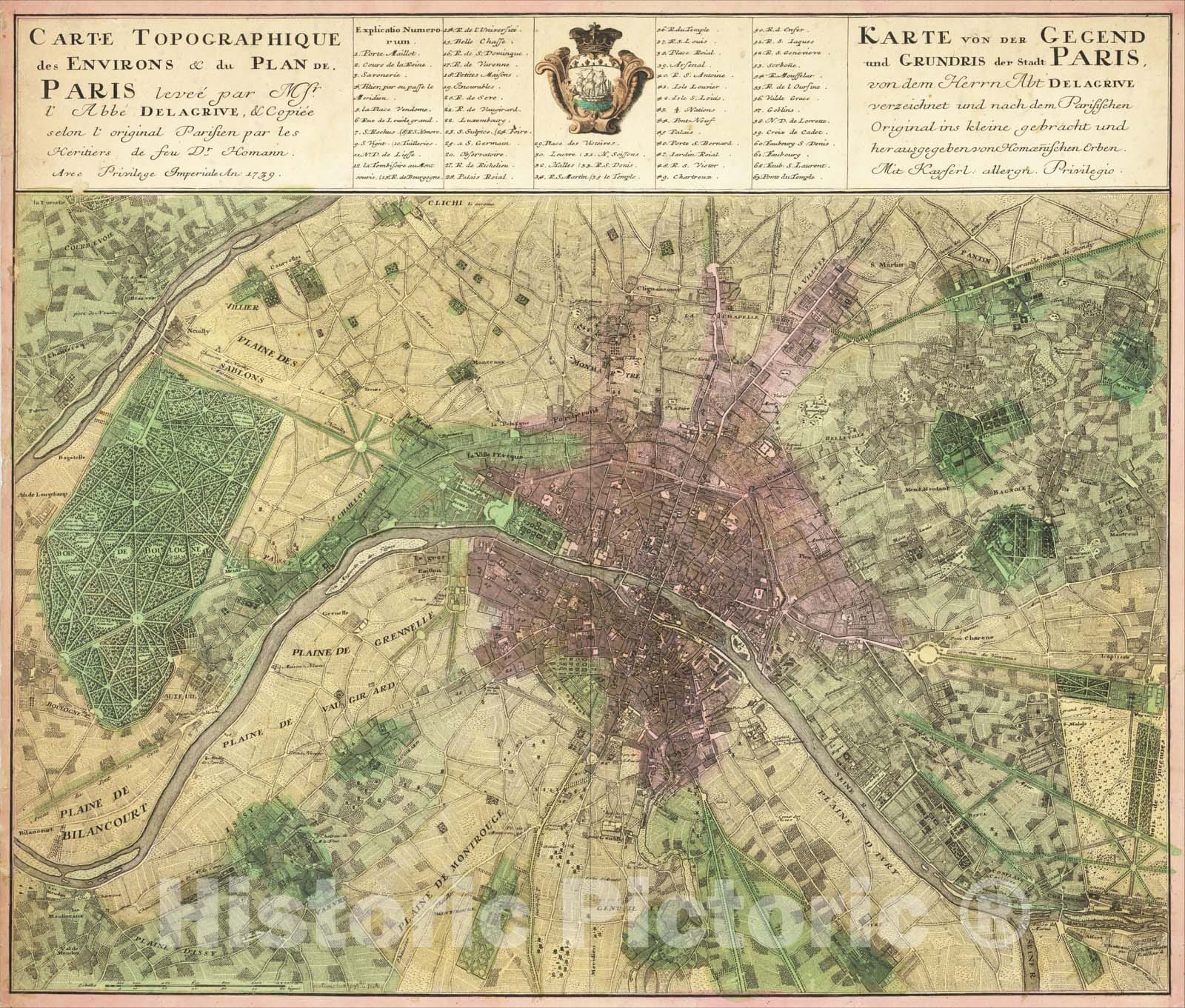 Historic Map : Carte Topographique des Environs and du Plan de Paris levee par Mr. l'Abee Delarive, 1739, 1739, Homann Heirs, Vintage Wall Art