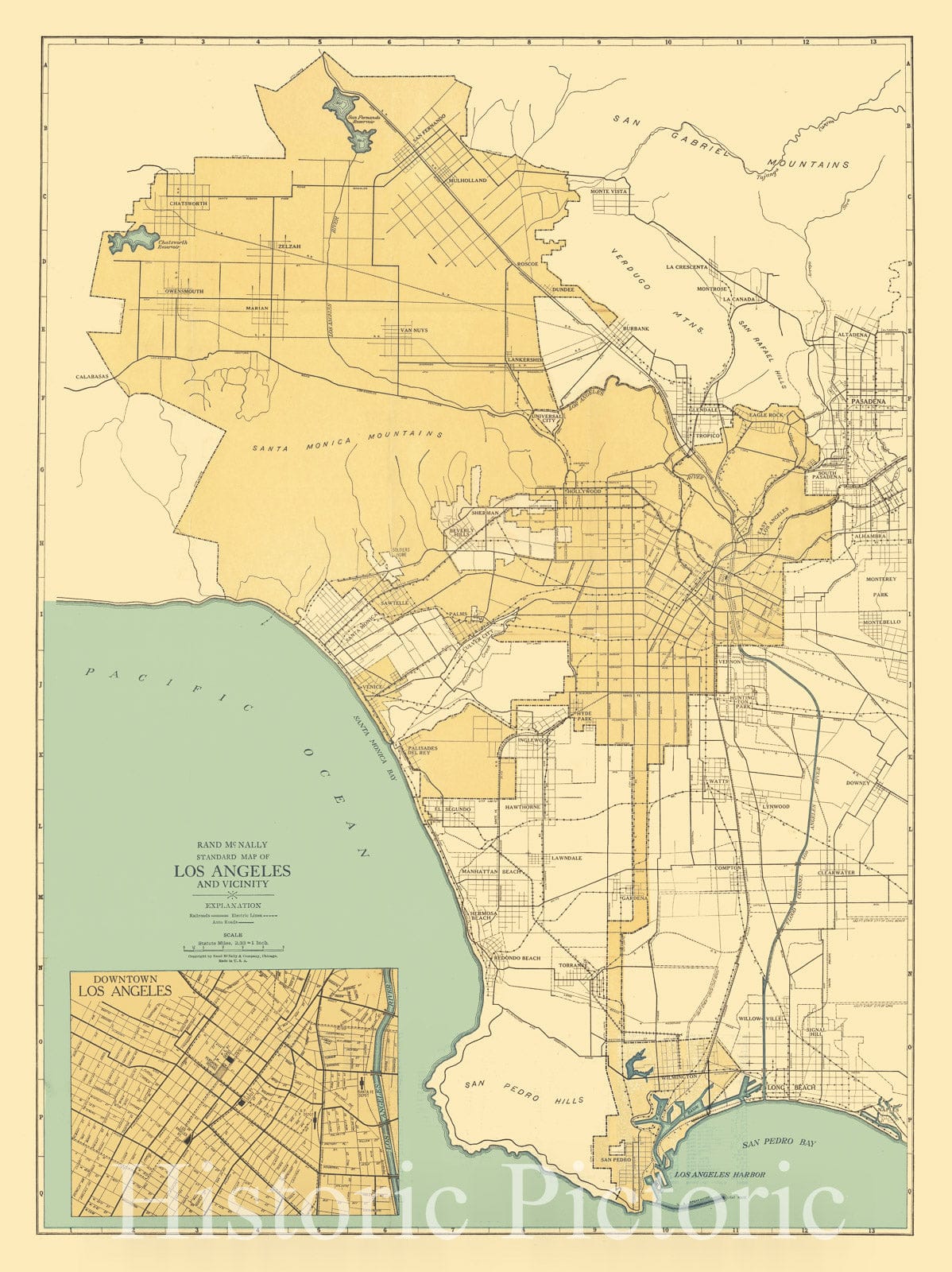 Historic Map : Standard Map of Los Angeles and Vicinity (with Rand McNally Los Angeles Guide To Places of Interest in the City and Environs, 1927, Vintage Wall Art