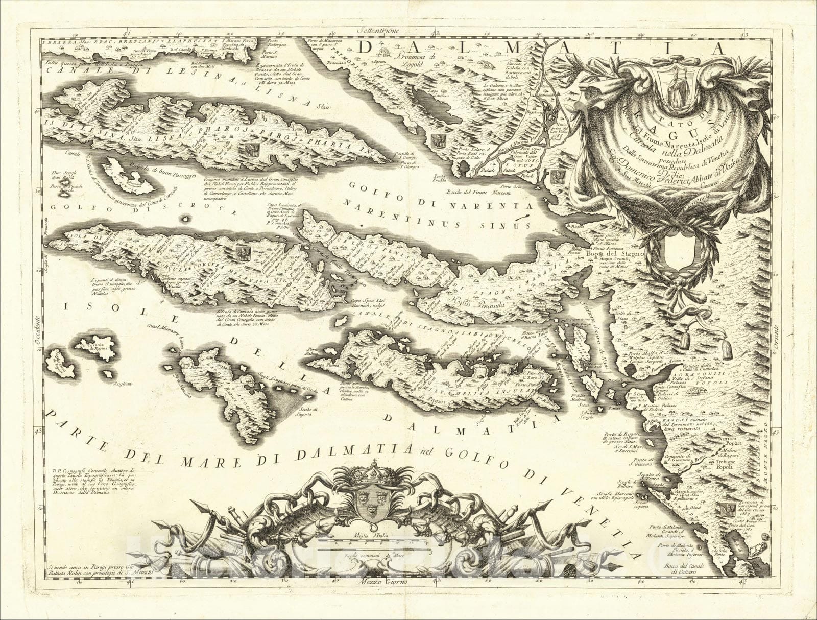 Historic Map : Stato Di Ragusi Bocca del Fiume Narenta, Isole di Lesina e Curzola nella Dalmatia, c1690, Vincenzo Maria Coronelli, Vintage Wall Art