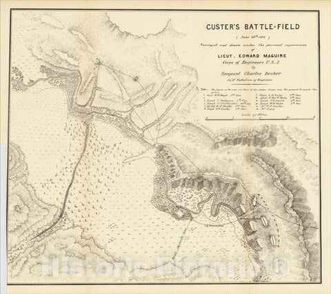 Historic Map : Custer's Battle-Field (June 25th, 1876), 1876, U.S. Army Corps of Engineers, Vintage Wall Art