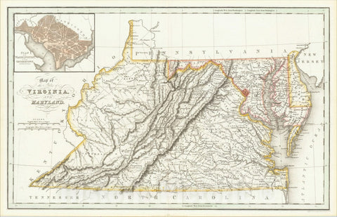 Historic Map : Map of the States of Virginia and Maryland (with DC inset), 1831, Hinton, Simpkin & Marshall, Vintage Wall Art