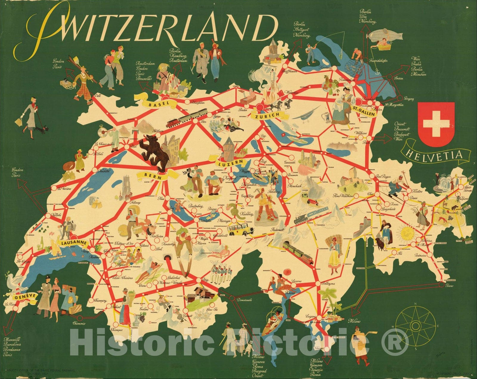Historic Map : Switzerland, 1937, Swiss Federal Railways, Vintage Wall Art