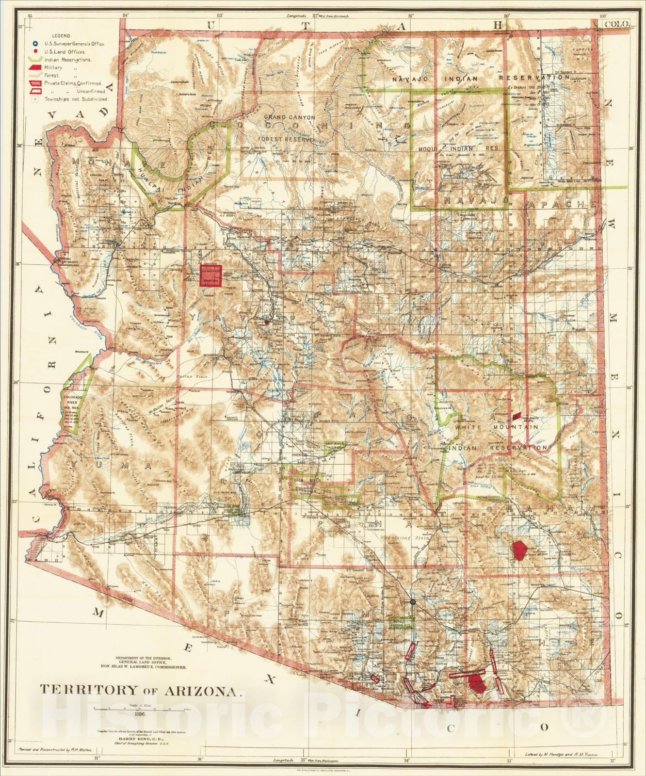 Historic Map : Territory of Arizona . . .1896, 1896, General Land Office, Vintage Wall Art