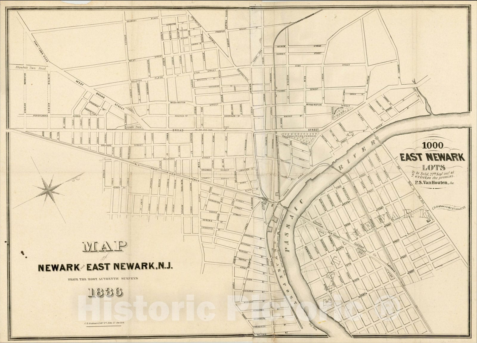 Historic Map : Map of Newark and East Newark, N.J. From The Most Authentic Surveys, 1836, , Vintage Wall Art