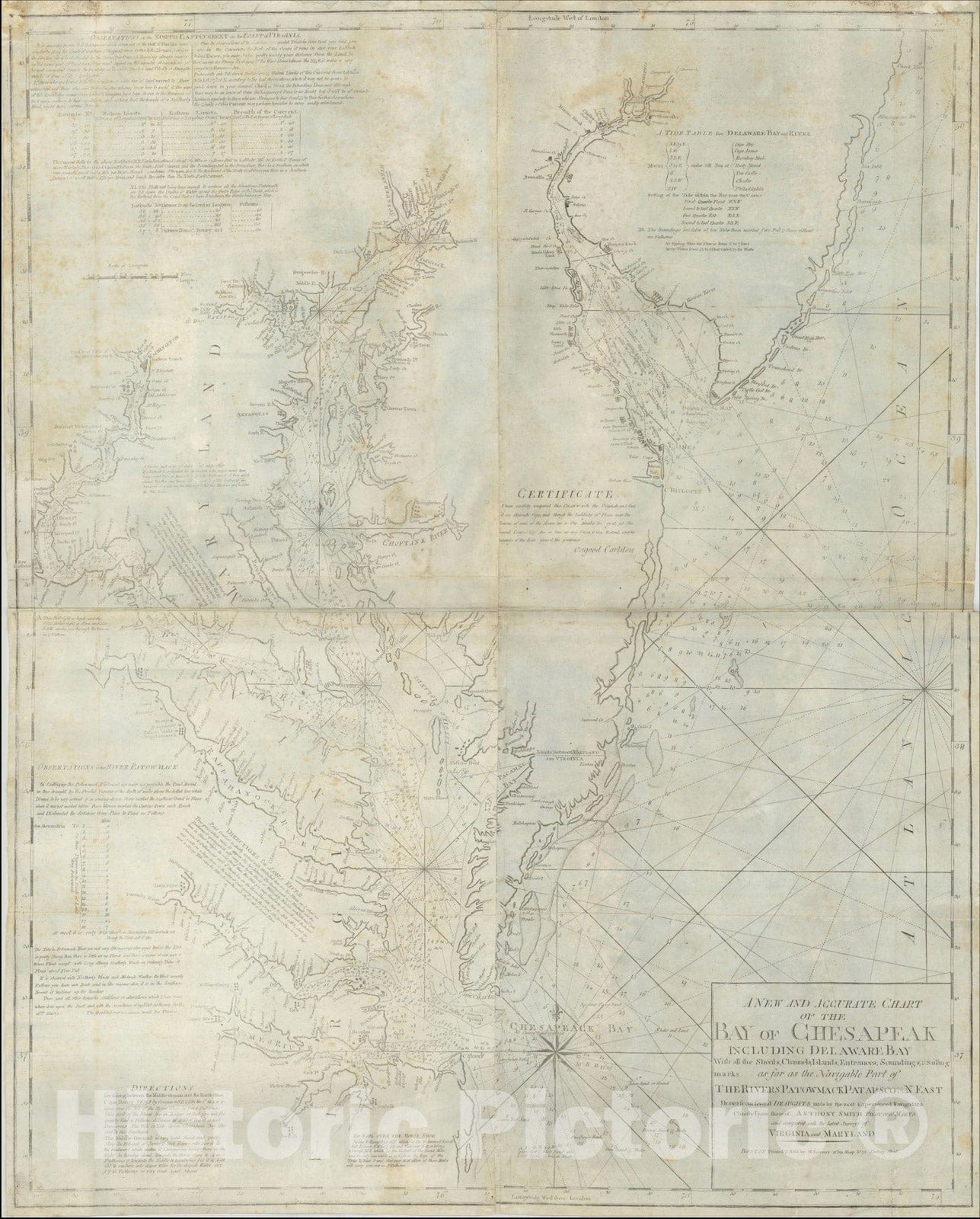 Historic Map : A New and Accurate Chart of the Bay of Chesapeak Including Delaware Bay With all the Shoals, Channels, Islands, Entrances, Soundings, 1799, Vintage Wall Art