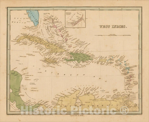 Historic Map : West Indies. Corrected to 1846. [Bermuda Inset], 1838, Thomas Gamaliel Bradford, Vintage Wall Art