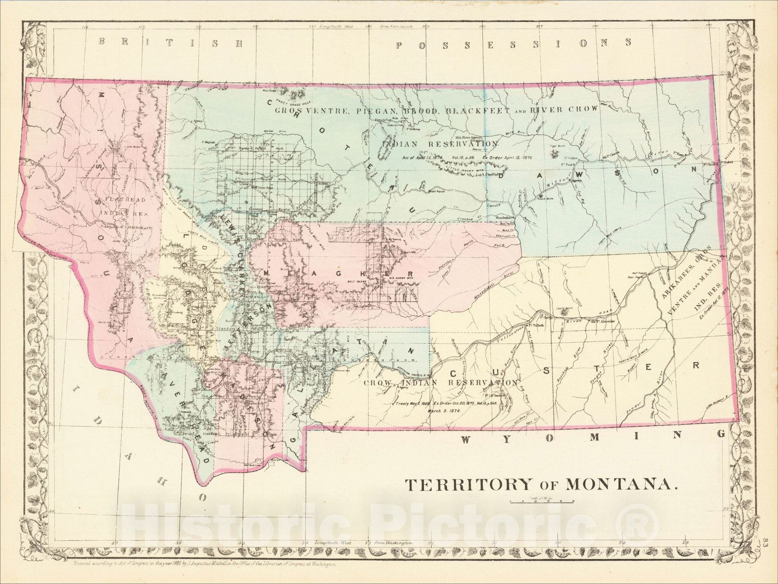 Historic Map : Territory of Montana, 1880, Samuel Augustus Mitchell Jr., Vintage Wall Art