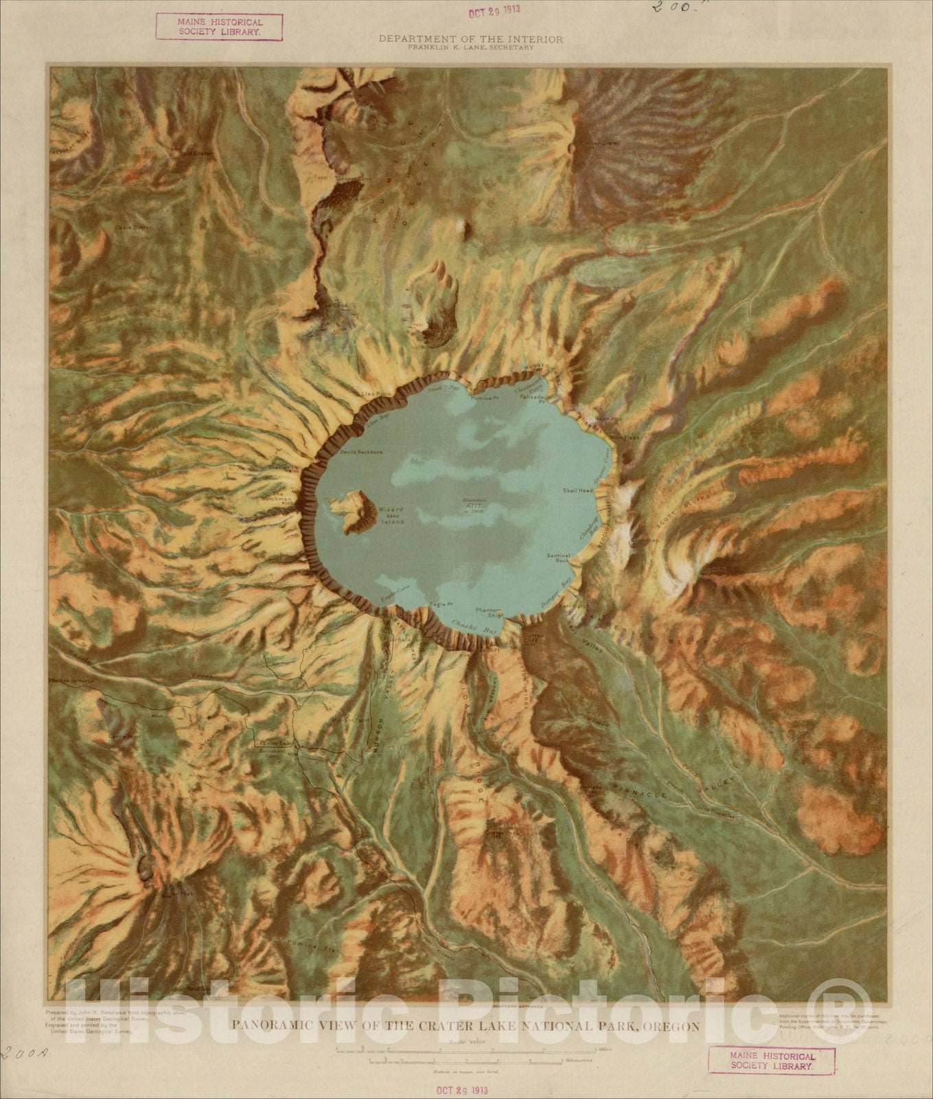 Historic Map : Panoramic View of The Crater Lake National Park, Oregon., c1913, , Vintage Wall Art