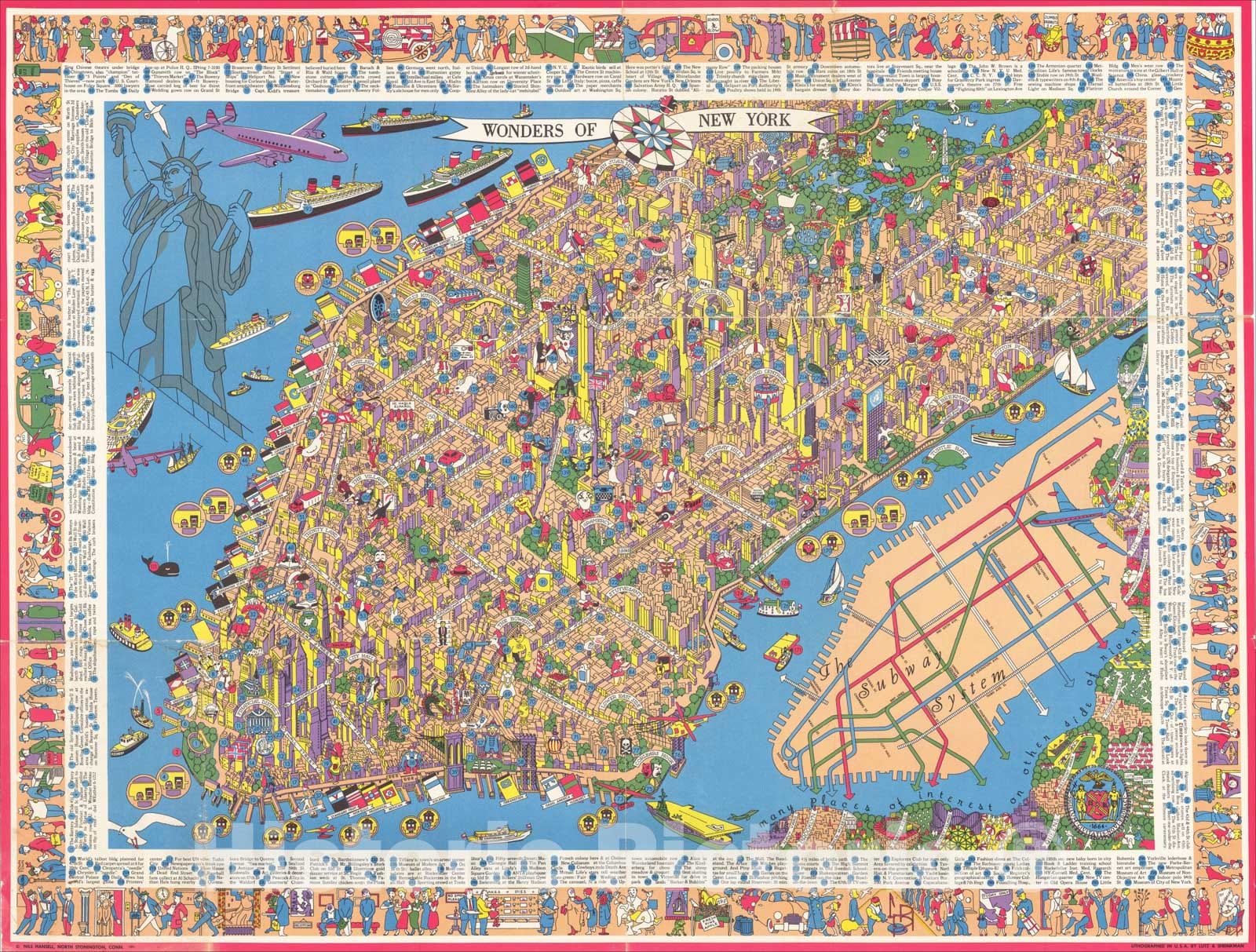 Historic Map : Wonders of New York, 1950, Nils Hansell, Vintage Wall Art
