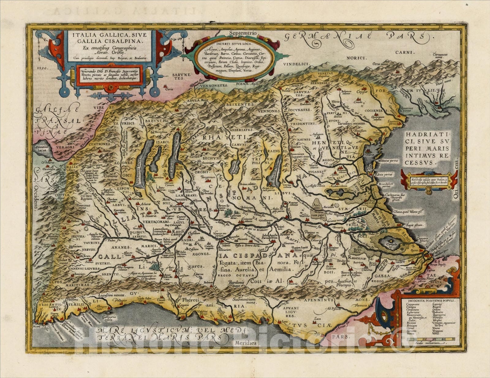 Historic Map : Italia Gallica, Sive Gallia Cisalpina, Ex conatibus Geographicis Abrah. Ortelij, 1608, , Vintage Wall Art
