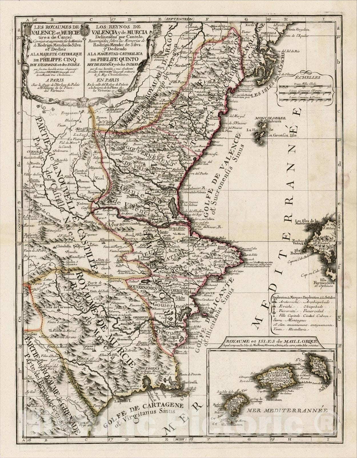 Historic Map : Los Reynos De Valencia y de Murcia Delineados por Cantelo, c1705, , Vintage Wall Art