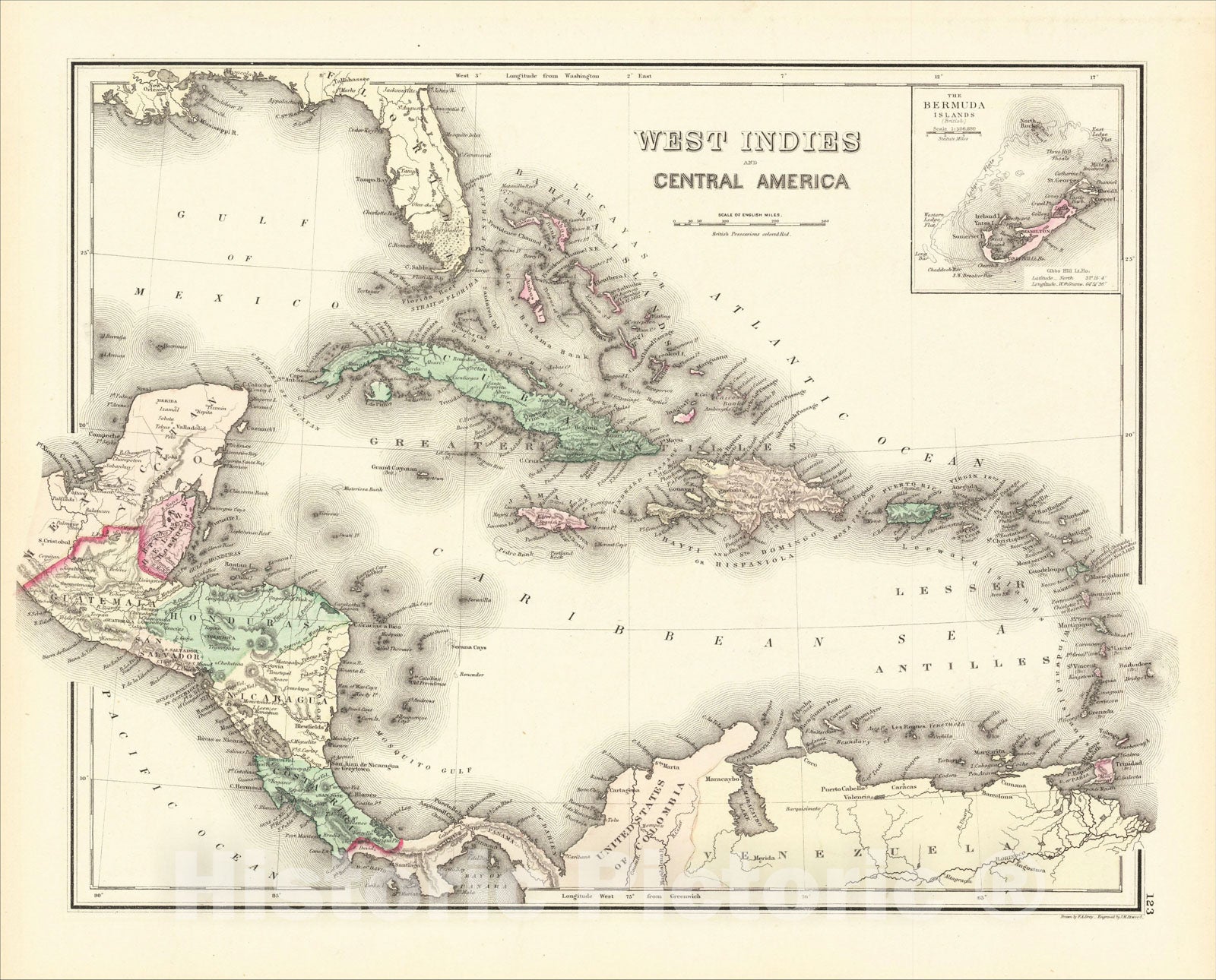 Historic Map : West Indies and Central America [Bermuda inset], 1875, OW Gray, Vintage Wall Art