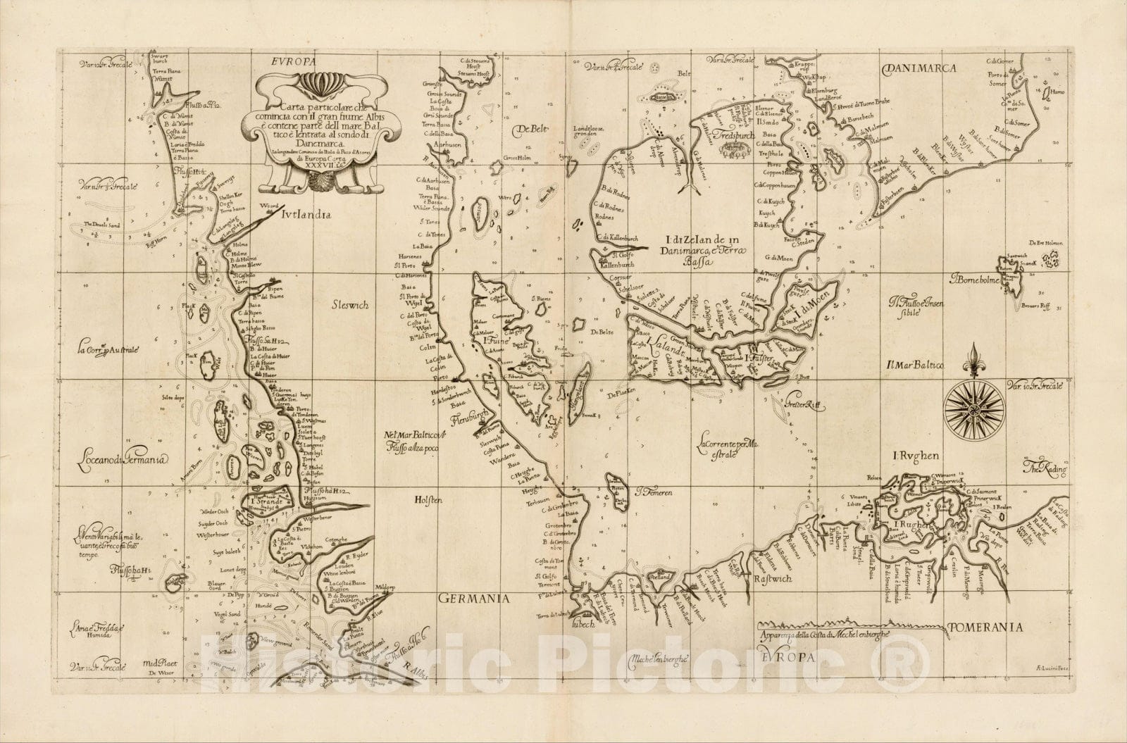 Historic Map : Carta particolare che comincia con il gran fiume Albis e contene parte dell mare Baltico e Ientrata al sondo di Danemarca, 1646, , Vintage Wall Art