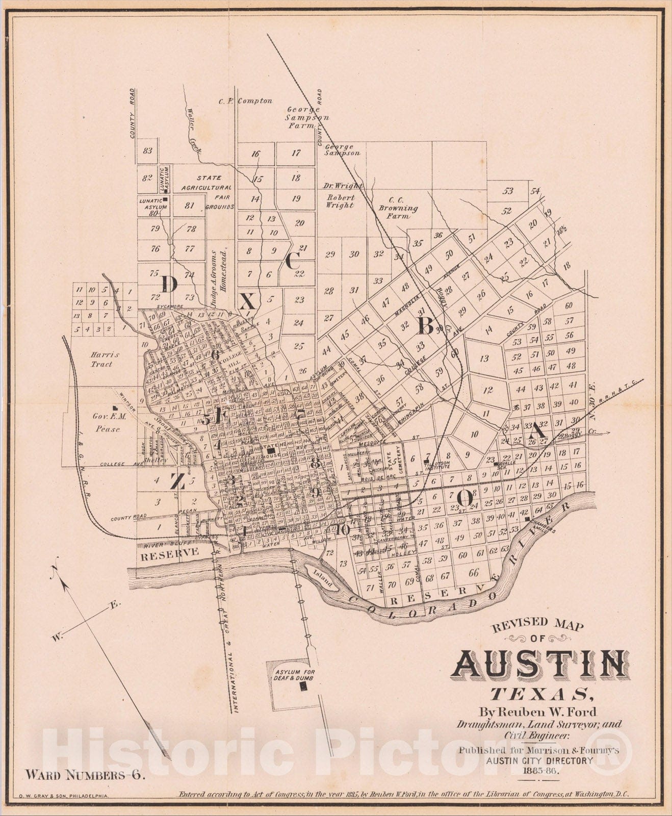 Historic Map : Revised Map of Austin Texas, By Reuben W. Ford, 1885-86, 1885, Reuben W. Ford, Vintage Wall Art