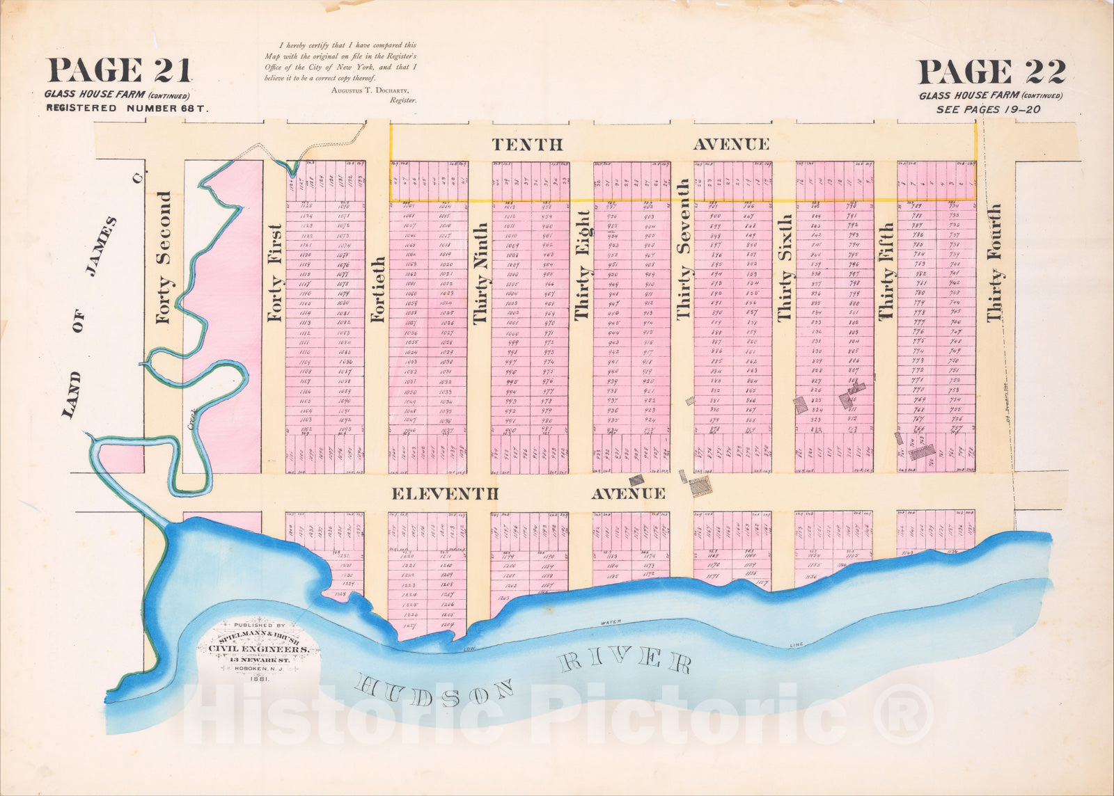 Historic Map : [Hell's Kitchen, New York City] Glass House Farm (Continued), 1881, Spielmann & Brush, Vintage Wall Art