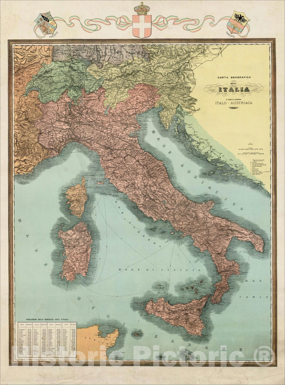 Historic Map : Carta Geografica Dell' Italia E Della Guerra  Italo-Austriaca, c1915, Anonymous, Vintage Wall Art