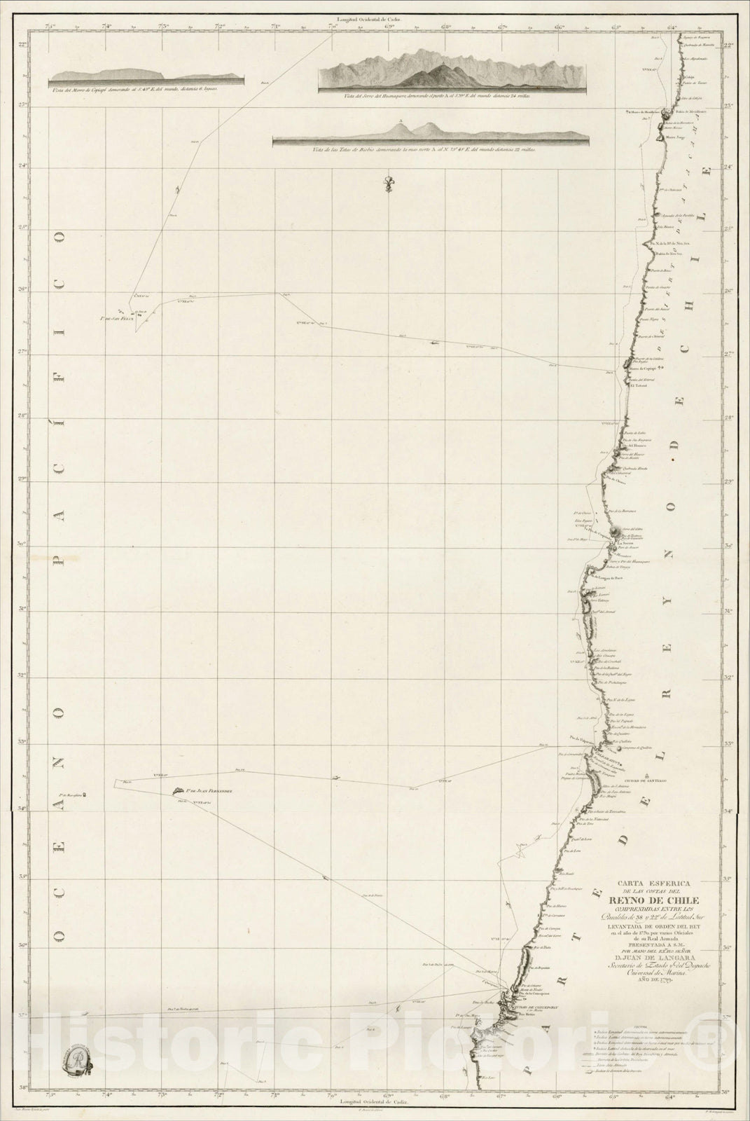 Historic Map : Carta Esferica de las Costas del Reyno de Chile Comprendidas Entre Los Parlelos, 1799, Direccion Hidrografica de Madrid, Vintage Wall Art