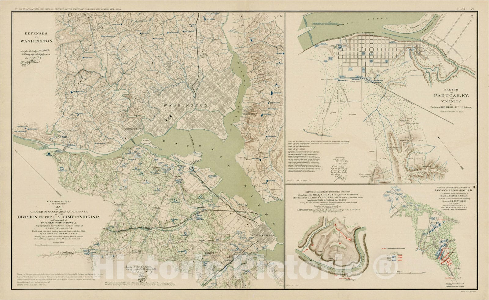 Historic Map : Defenses of Washington, Sketch of Pducah, KY and Vicinity with Sketch of the Battle-field of Logan's Cross-Roads, KY Mill Springs, KY, 1891, Vintage Wall Art