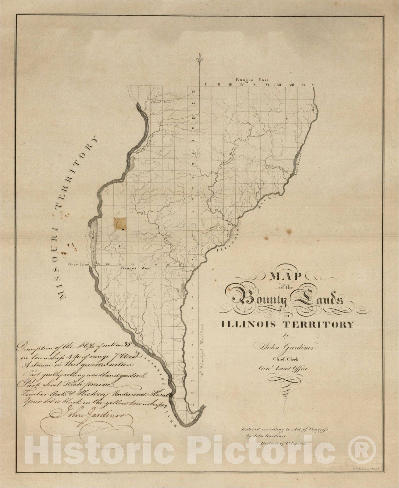 Historic Map : Map of the Bounty Lands in Illinois Territory By John Gardiner Chief Clerk Genl. Land Office, c1817, , Vintage Wall Art