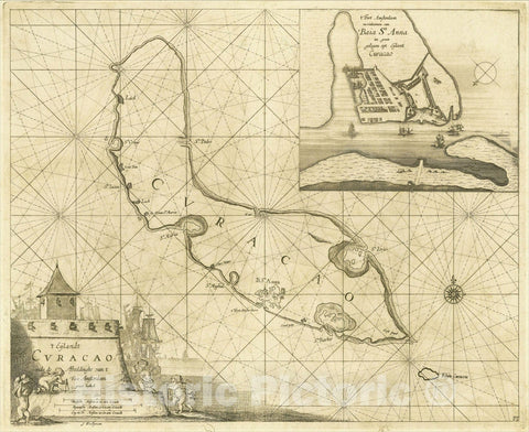 Historic Map : Eylandt Curacao ende Afbeeldinghe van t'Fort Amsterdam groot besteck, 1687, Arent Roggeveen, Vintage Wall Art