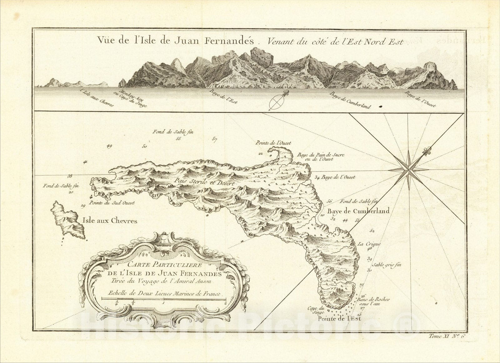 Historic Map : Carte Particuliere De L'Isle De Juan Fernandes, [with view of island] (Robinson Crusoe's Island), 1759, Jacques Nicolas Bellin, Vintage Wall Art