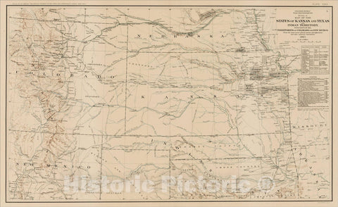 Historic Map : Section of Map of the States of Kansas and Texas and Indian Territory, with parts of the Territories of Colorado and Mexico, 1867, 1867, , Vintage Wall Art