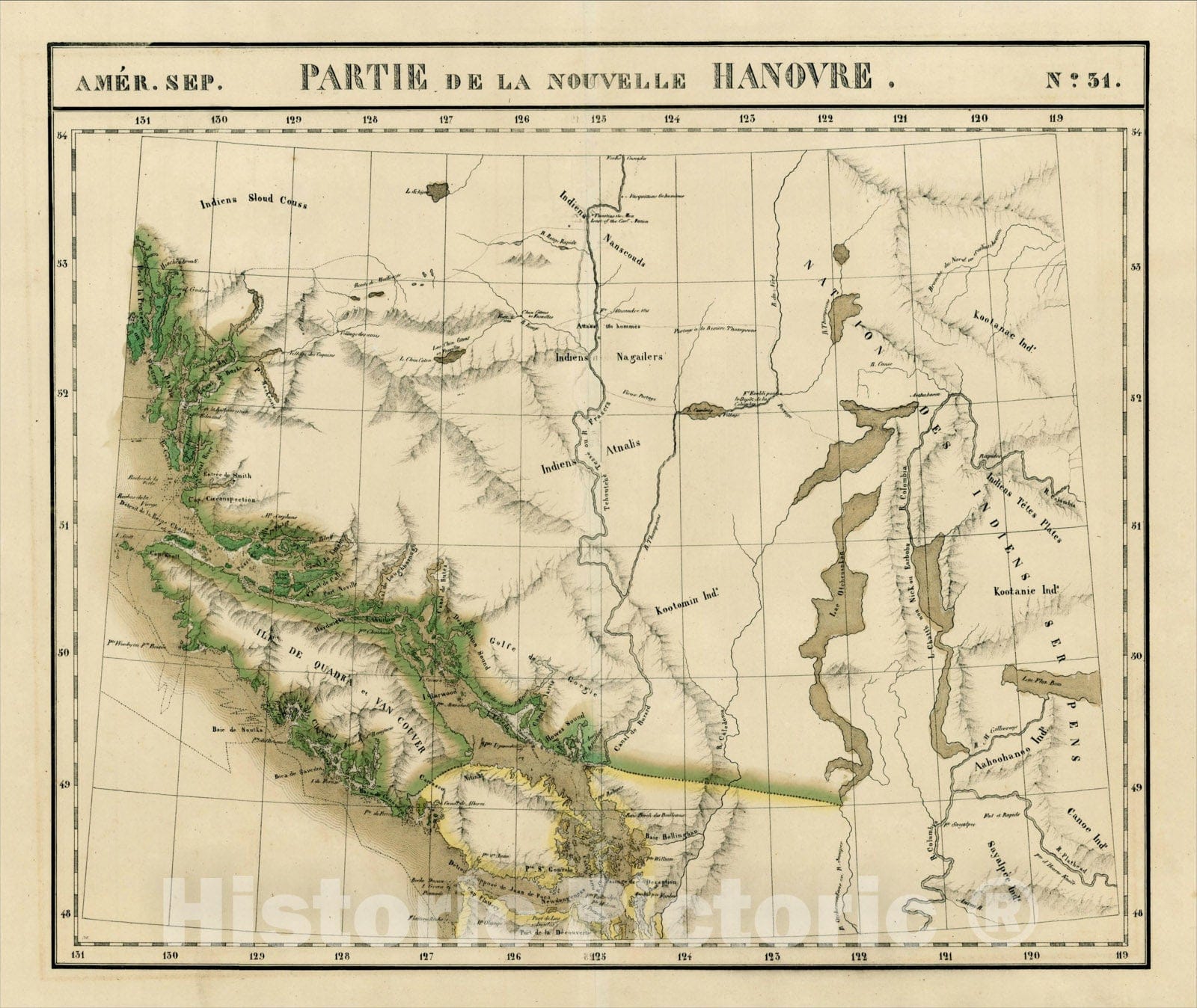 Historic Map : Amer. Sep. No. 31. Partie De La Nouvelle Hanovre [Seattle, Vancouver, Puget Sound and BC], 1825, , Vintage Wall Art