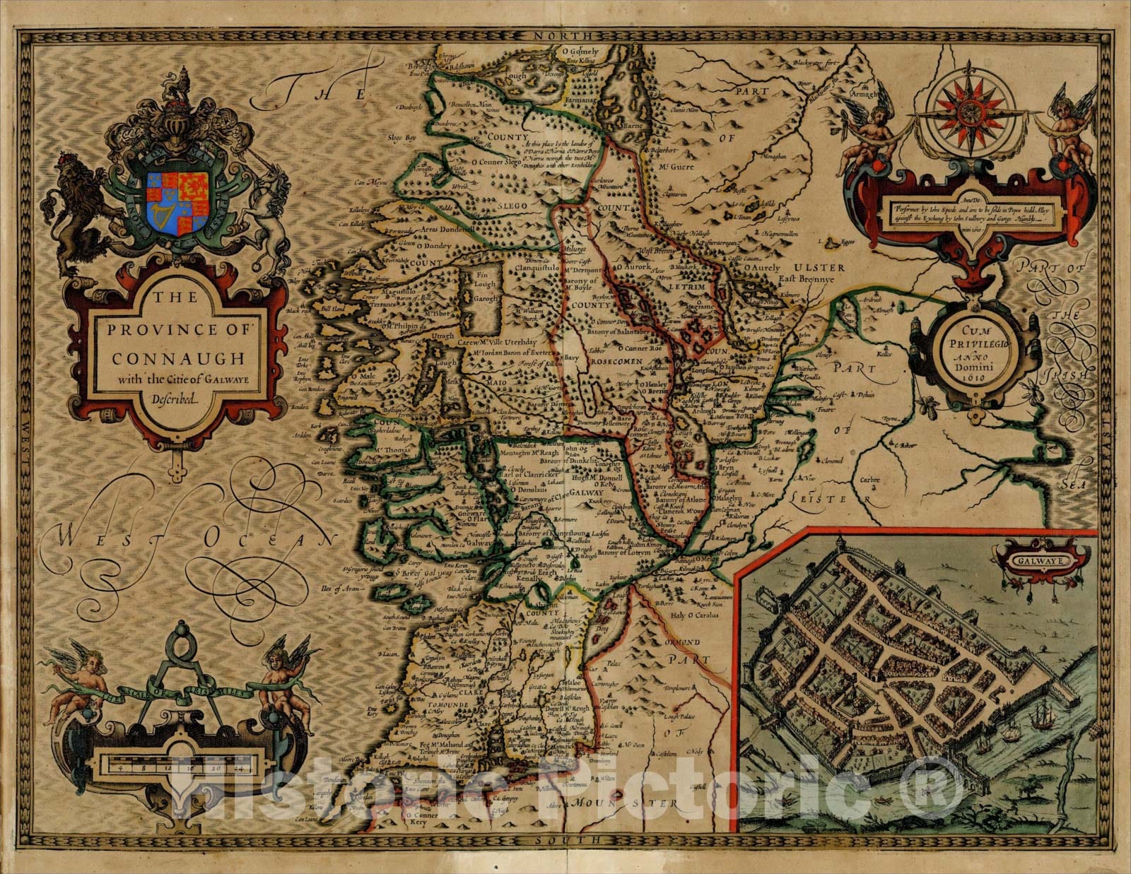 Historic Map : The Province of Connaugh with the Citie of Galwaye, 1612, John Speed, Vintage Wall Art
