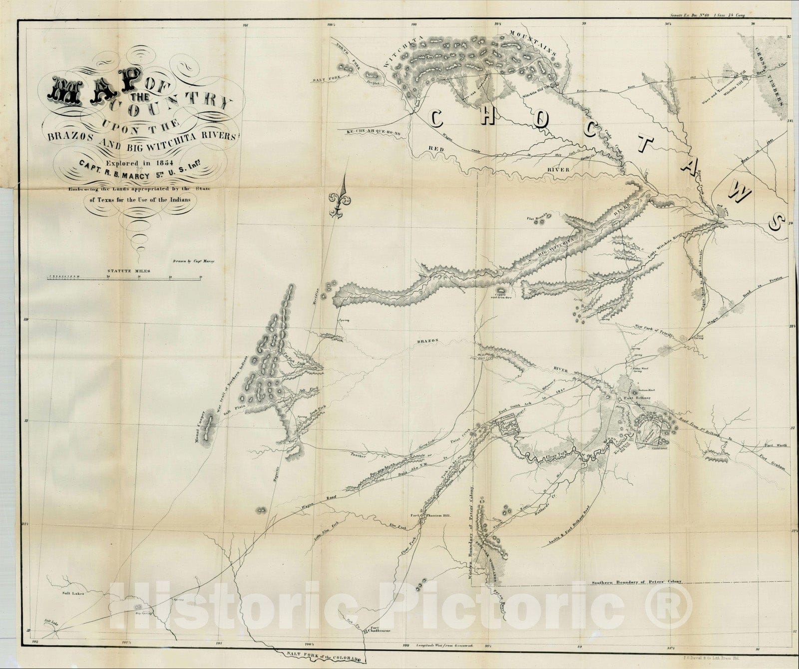 Historic Map : Map of the Country upon the Brazos and Big Wichita Rivers Explored in 1854, 1854, United States GPO, Vintage Wall Art