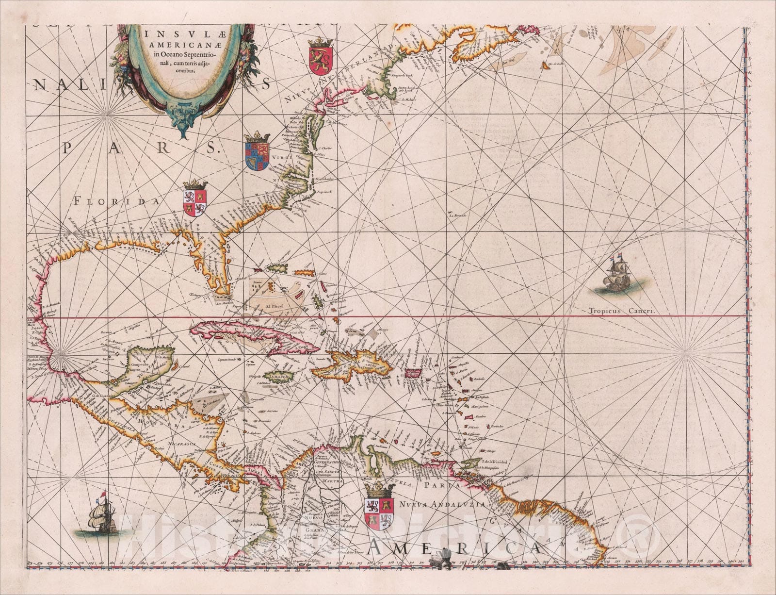 Historic Map : Insulae Americanae in Oceano Septentrionali, cum terris adjacentibus, 1634, Willem Janszoon Blaeu, Vintage Wall Art