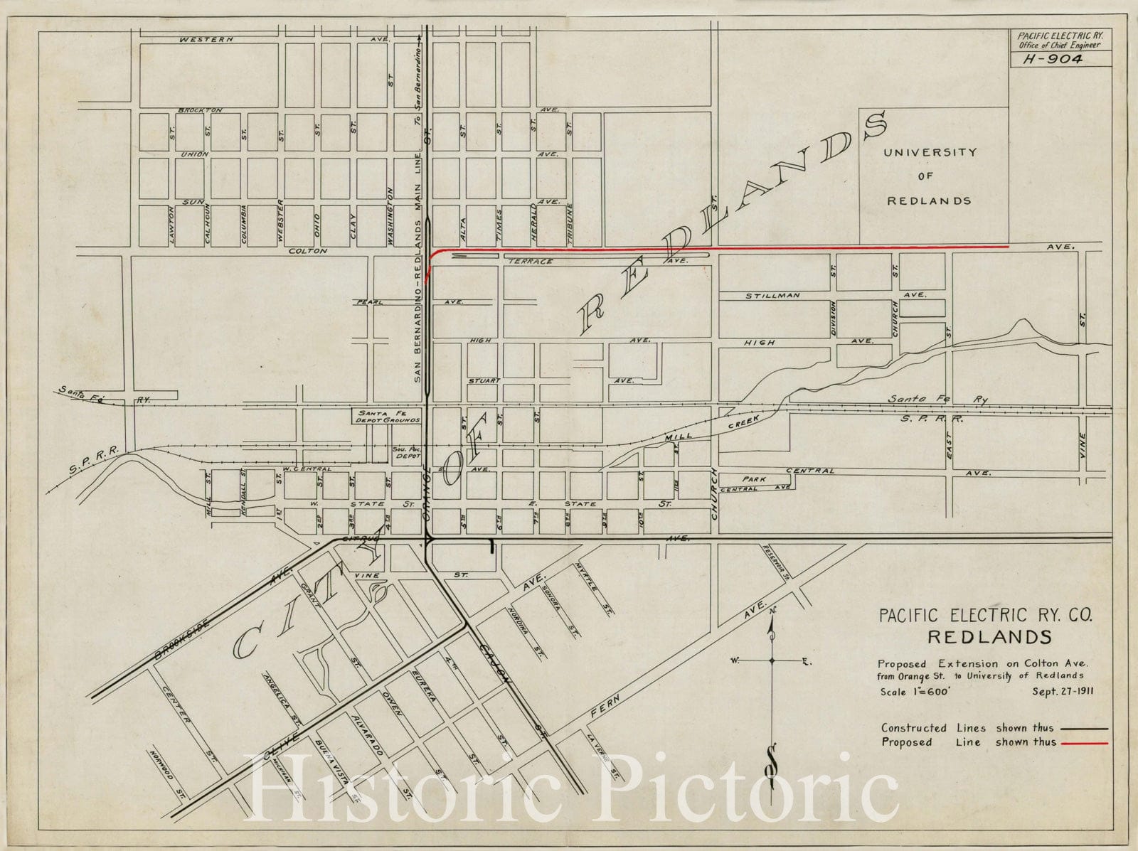 Historic Map : Pacific Electric Ry. Co. Redlands, 1911, Pacific Electric Railway, Vintage Wall Art