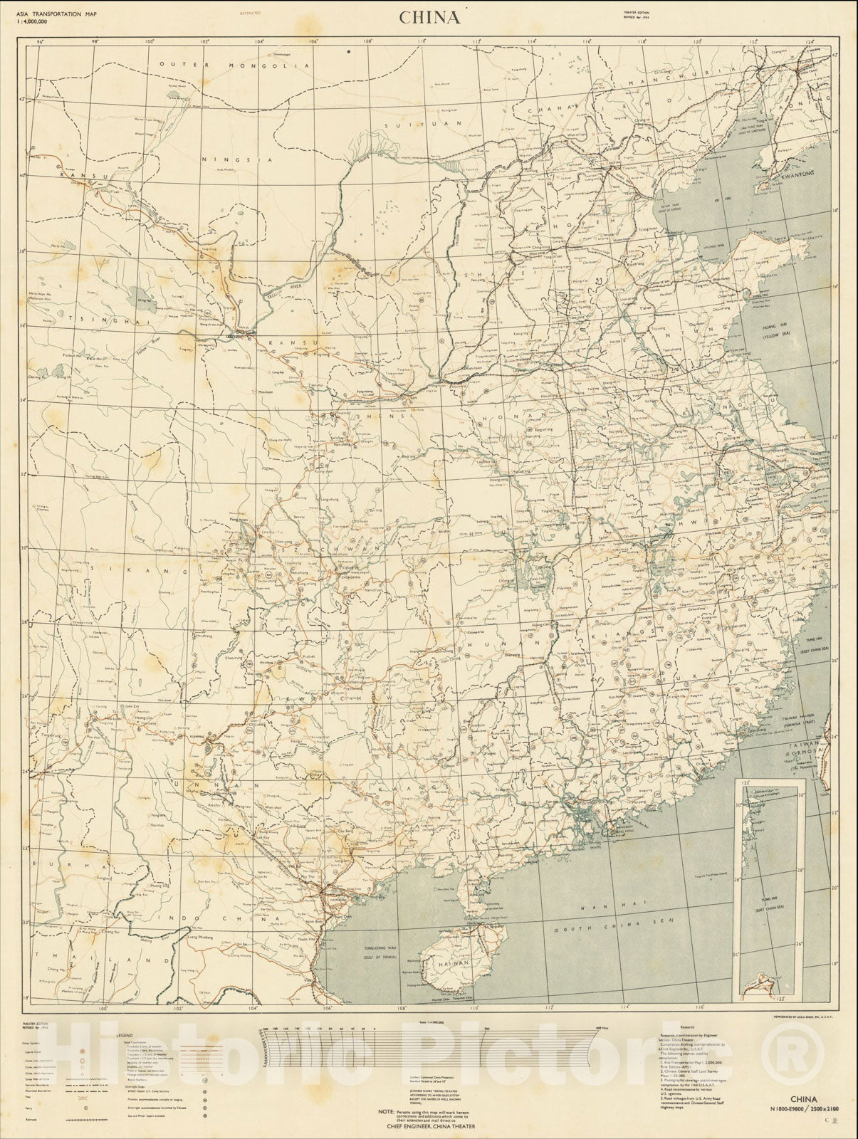 Historic Map : (Second World War - China). Asia Transportation Map - Restricted - China, 1945, 653rd Engineer Topographic Battalion, U.S.A.F., Vintage Wall Art