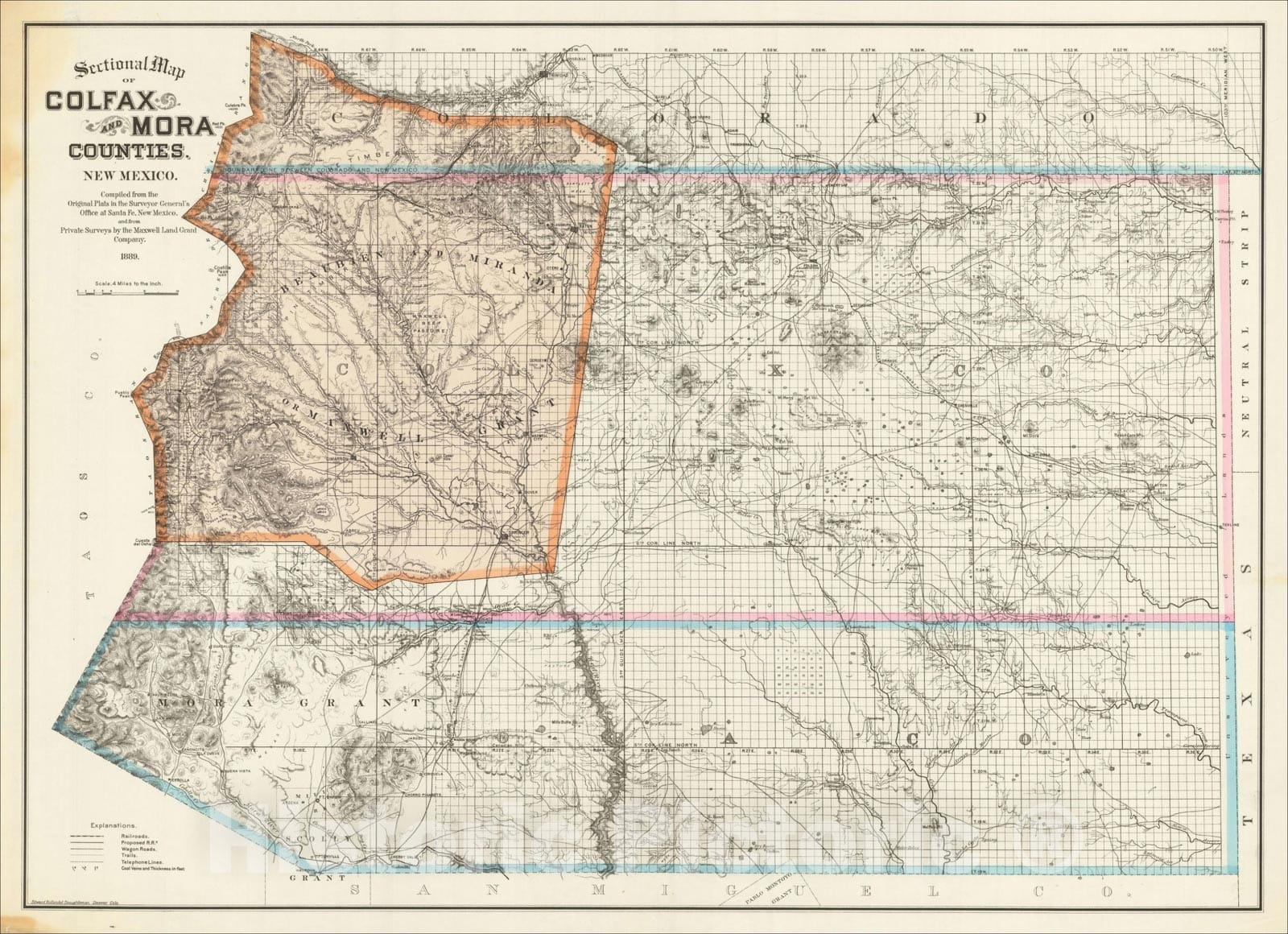Historic Map : Sectional Map of Colfax and Mora Counties. New Mexico, 1889, v1, Vintage Wall Art