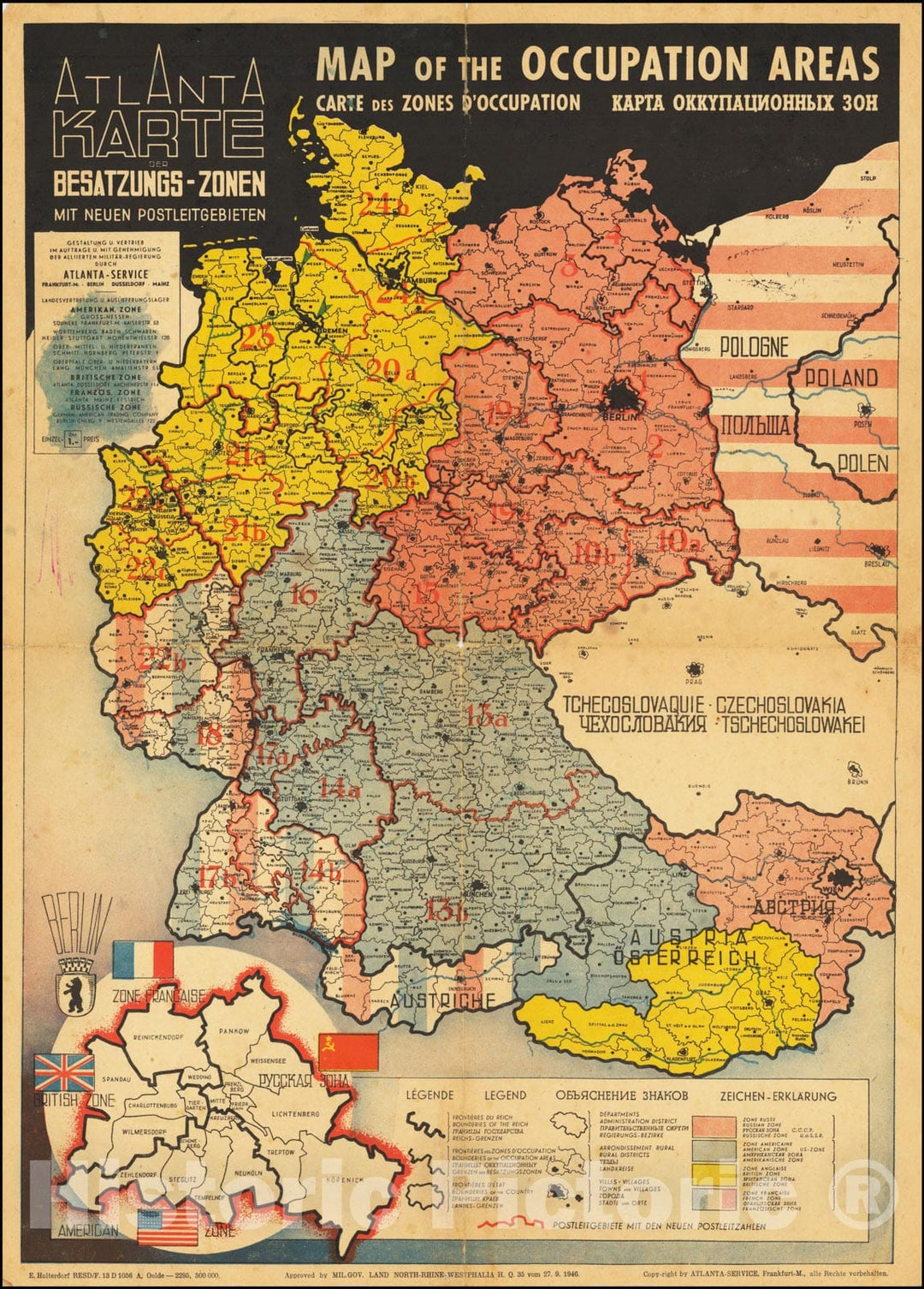 Historic Map : Map of the Occupation Areas - Carte des Zones D'Occupation - ????? ????????????? ???, 1945, Atlanta Map, v1, Vintage Wall Art