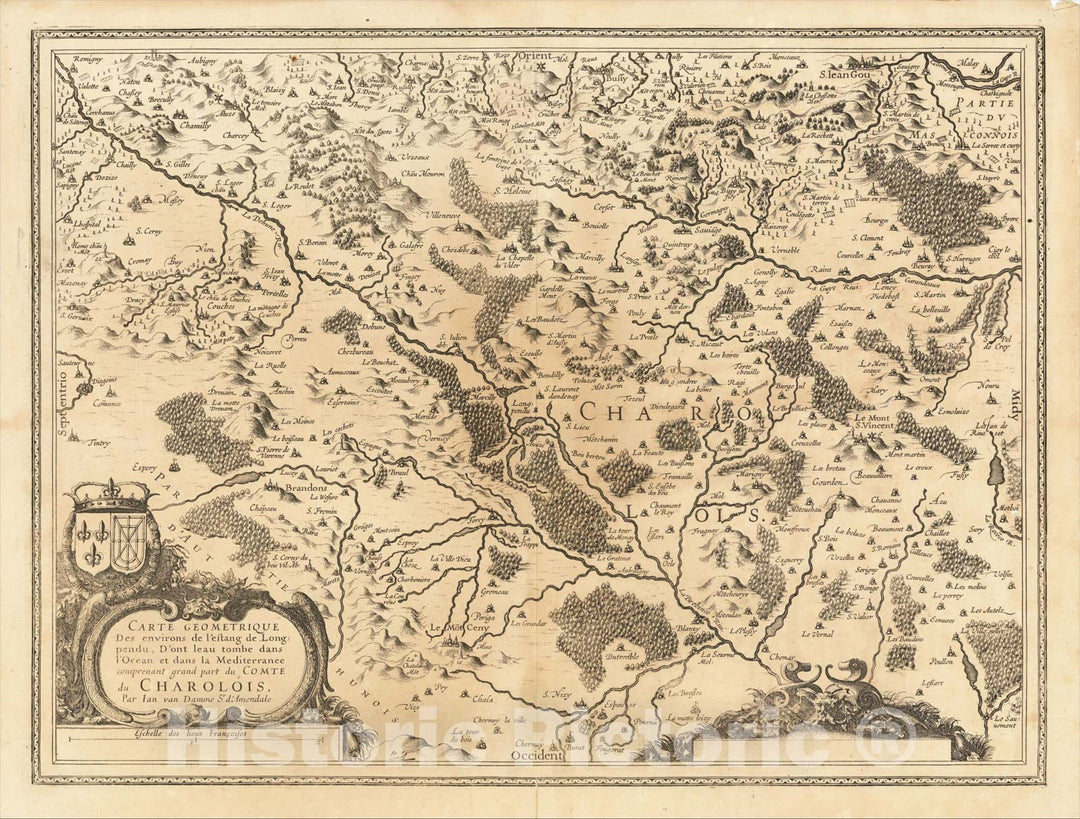 Historic Map : Carte Geometrique des Environs de l'Estang de Longpendu, d'ont leau Tombe dans l'Ocean et dans la Mediterranee, 1620, Gerard Mercator, v1, Vintage Wall Art