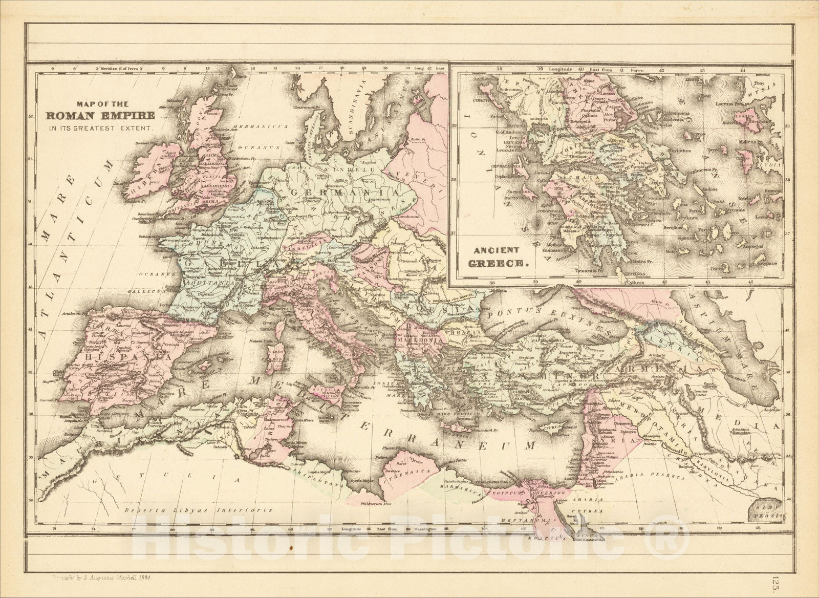 Historic Map : Map of the Roman Empire in its Greatest Extent, 1886, Samuel Augustus Mitchell, Vintage Wall Art