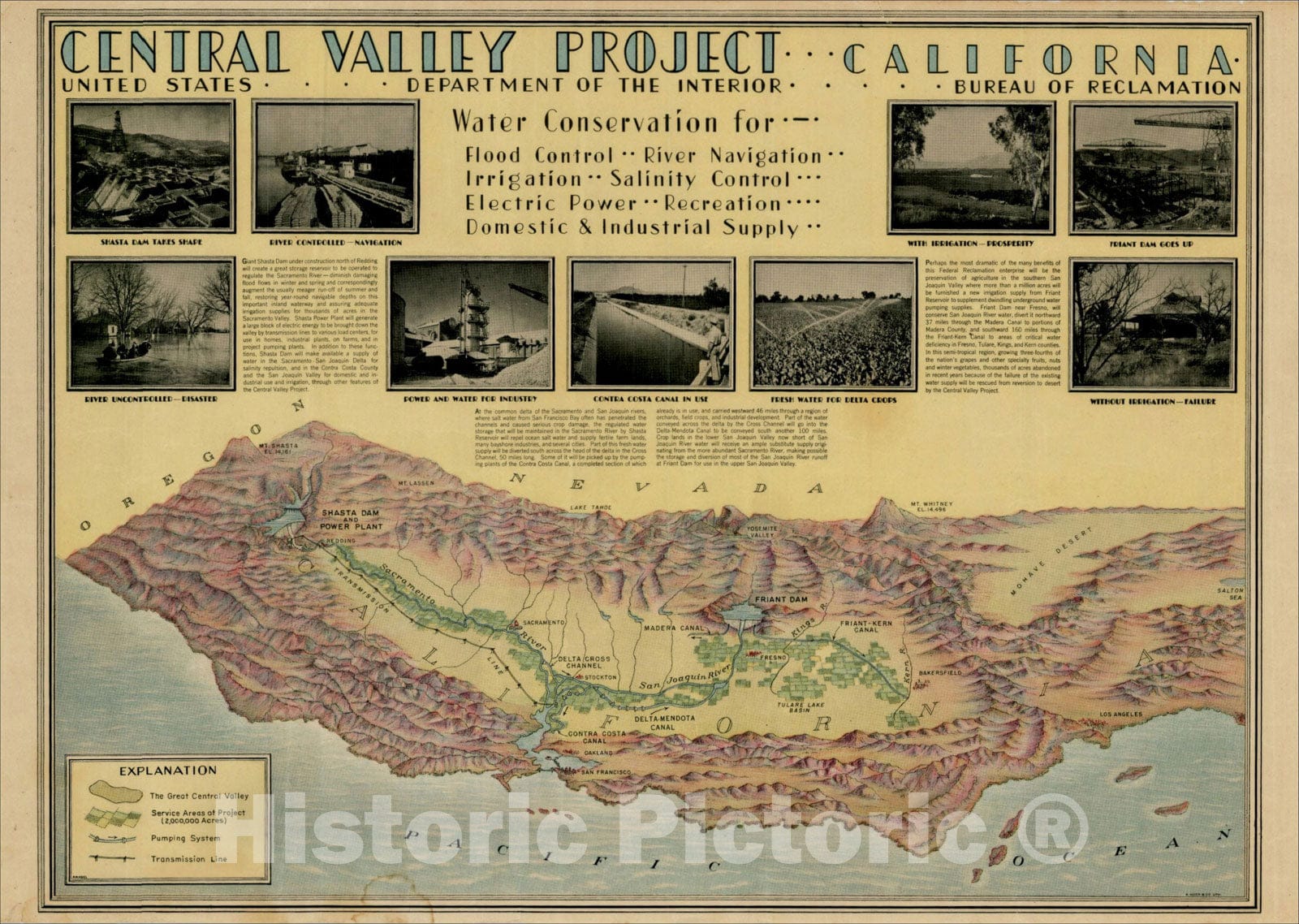 Historic Map : Central Valley Project -- California [Map and Views of California], c1938, Hoen & Co., Vintage Wall Art