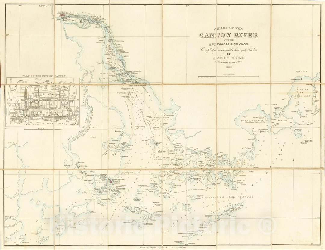 Historic Map : Chart of the Canton River with the Entrances & Islands. Compiled from original Surveys & Sketches., 1840, James Wyld, Vintage Wall Art