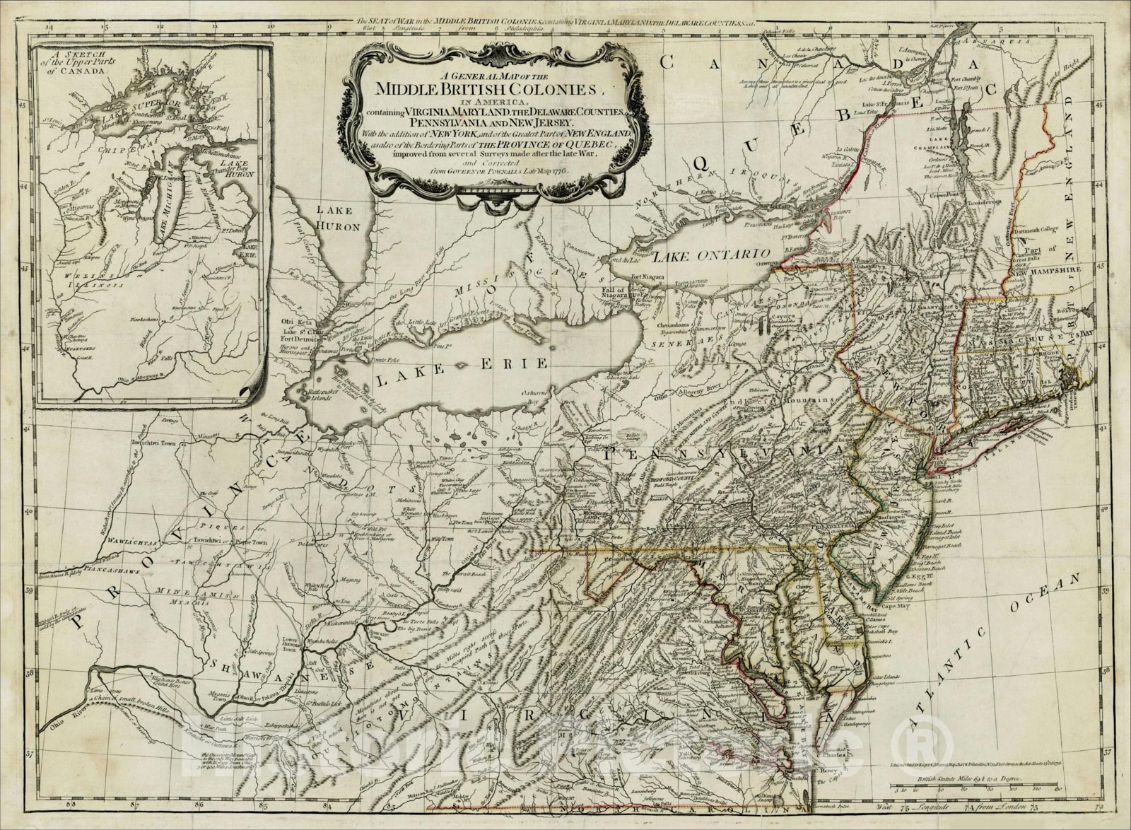 Historic Map : The Seat of War in the Middle British Colonies containing Virginia, Maryland, 1755, Lewis Evans, Vintage Wall Art