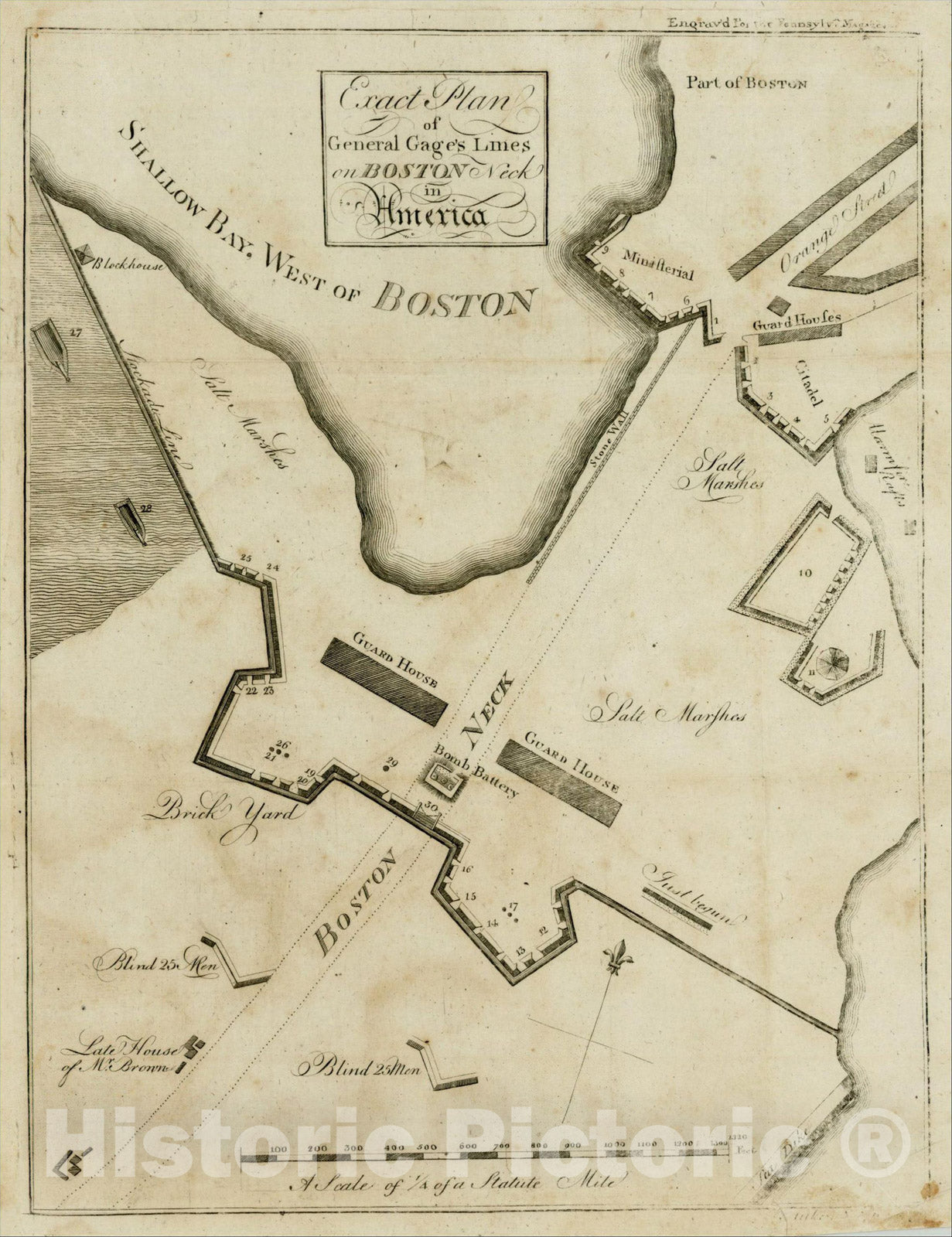 Historic Map : Exact Plan of General Gage's Lines on Boston Neck in America, 1775, Robert Aitken, Vintage Wall Art