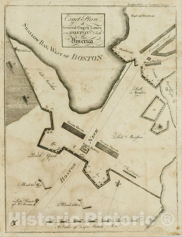 Historic Map : Exact Plan of General Gage's Lines on Boston Neck in America, 1775, Robert Aitken, Vintage Wall Art