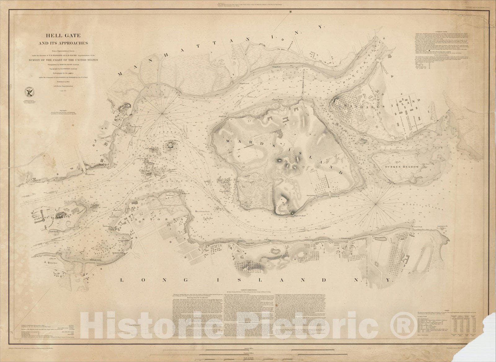 Historic Map : Hell Gate And Its Approaches From a Trigonometric Survey under the direction of F, 1851, , Vintage Wall Art