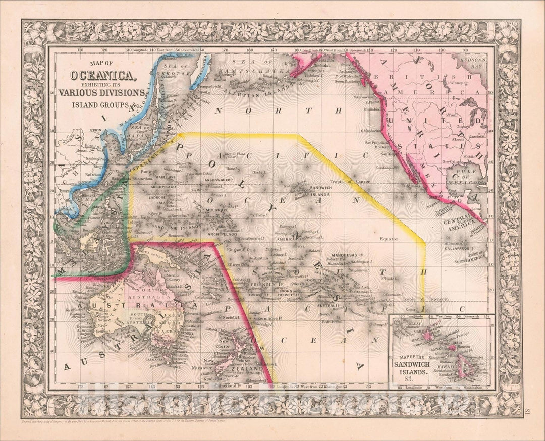 Historic Map : Map of Oceanica, Exhibiting its Various Divisions, Island Groups, andc., 1864, Samuel Augustus Mitchell Jr., Vintage Wall Art