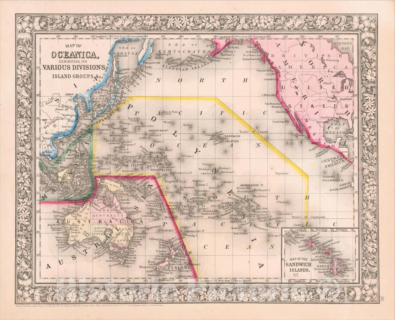 Historic Map : Map of Oceanica, Exhibiting its Various Divisions, Island Groups, andc., 1864, Samuel Augustus Mitchell Jr., Vintage Wall Art