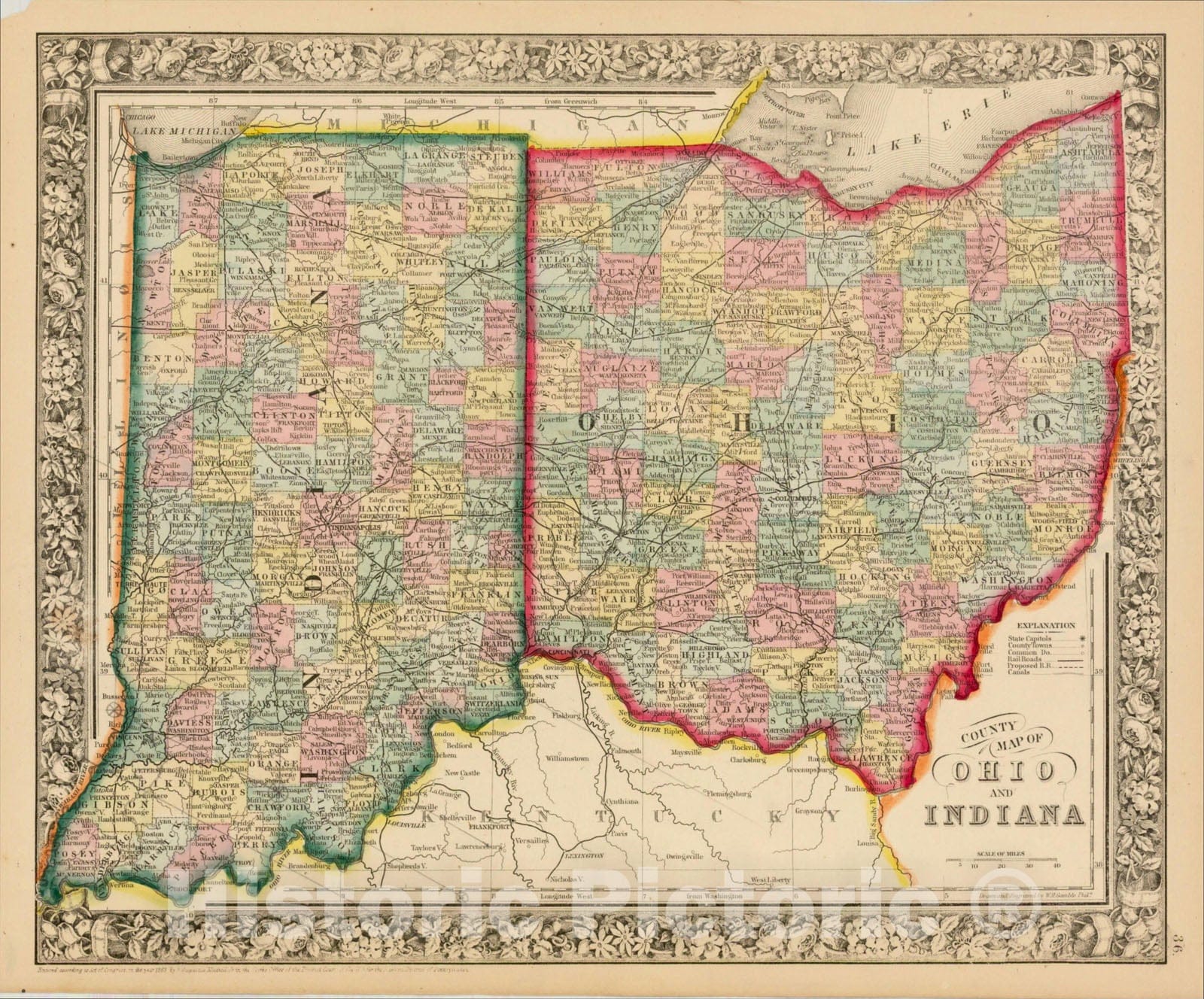 Historic Map : County Map of Ohio and Indiana, 1864, Samuel Augustus Mitchell Jr., Vintage Wall Art