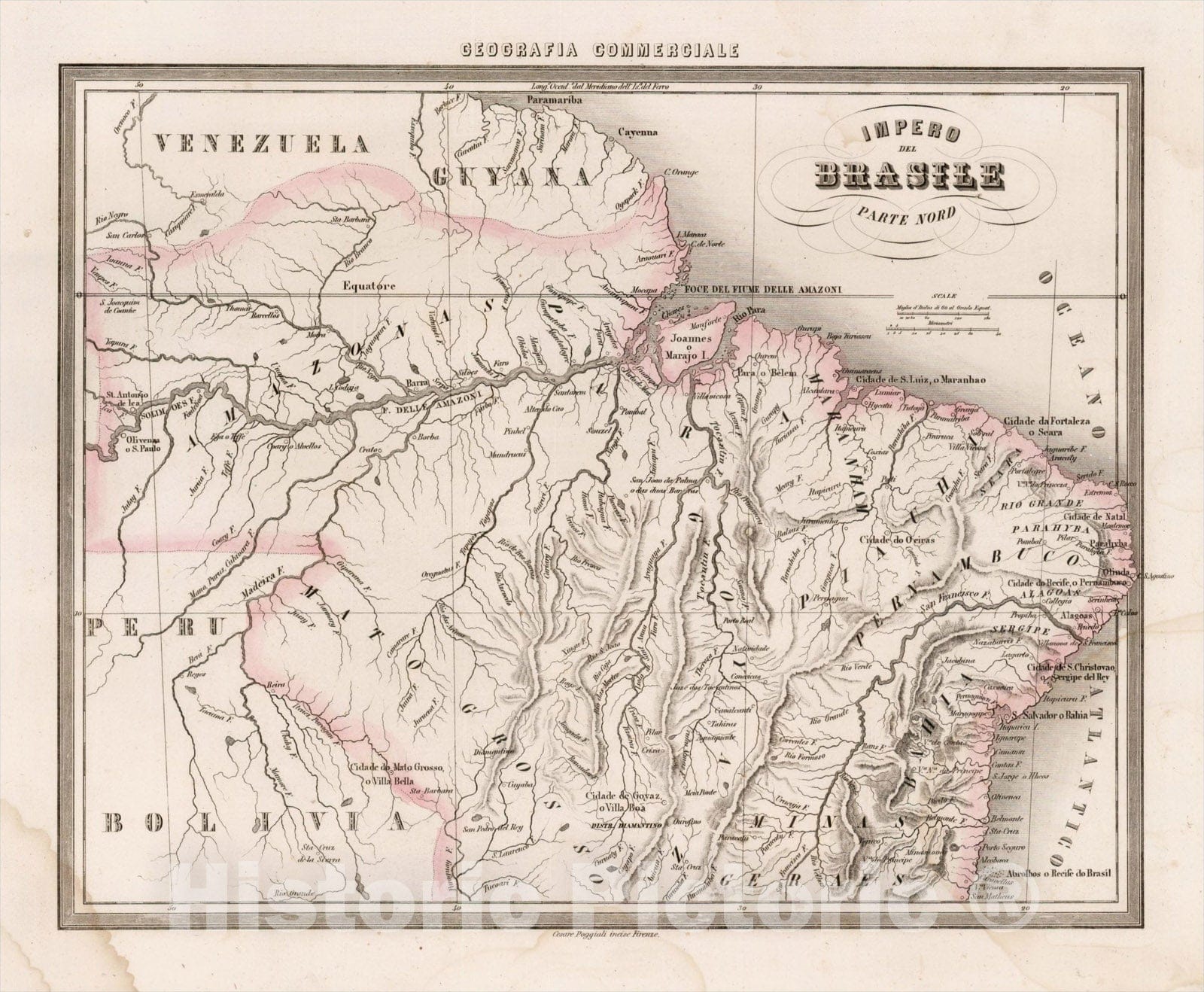 Historic Map : Impero Del Brasile Parte Nord, c1850, Francesco Marmocchi, Vintage Wall Art