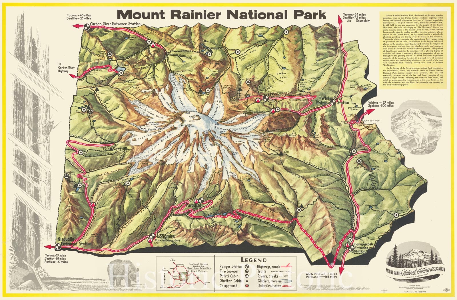 Historic Map : Mount Rainier National Park, 1953, Dee Molenaar, Vintage Wall Art