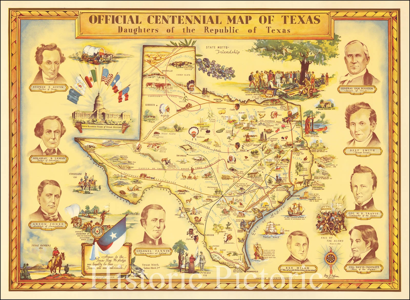 Historic Map : Official Centennial Map of Texas Daughters of the Republic of Texas, 1934, Guy F. Cahoon, Vintage Wall Art