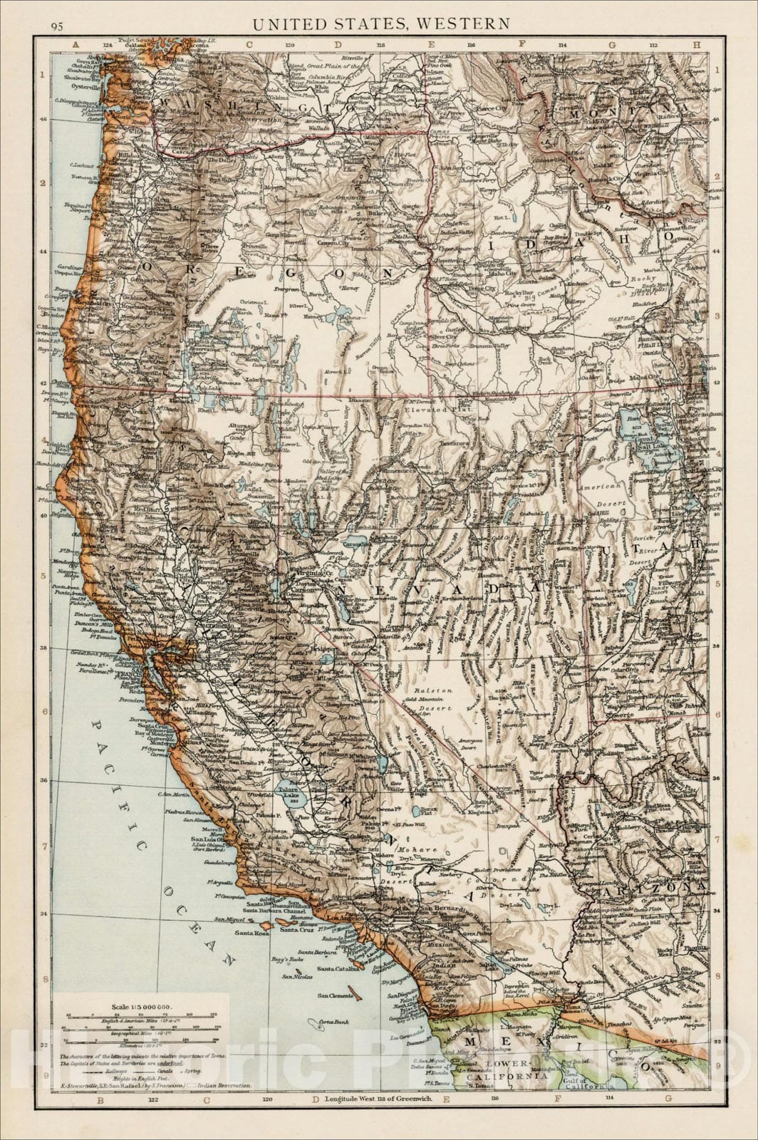 Historic Map : United States, Western (Washington, Oregon, Idaho, California, Nevada and Part of Arizona), c1880, Anonymous, Vintage Wall Art