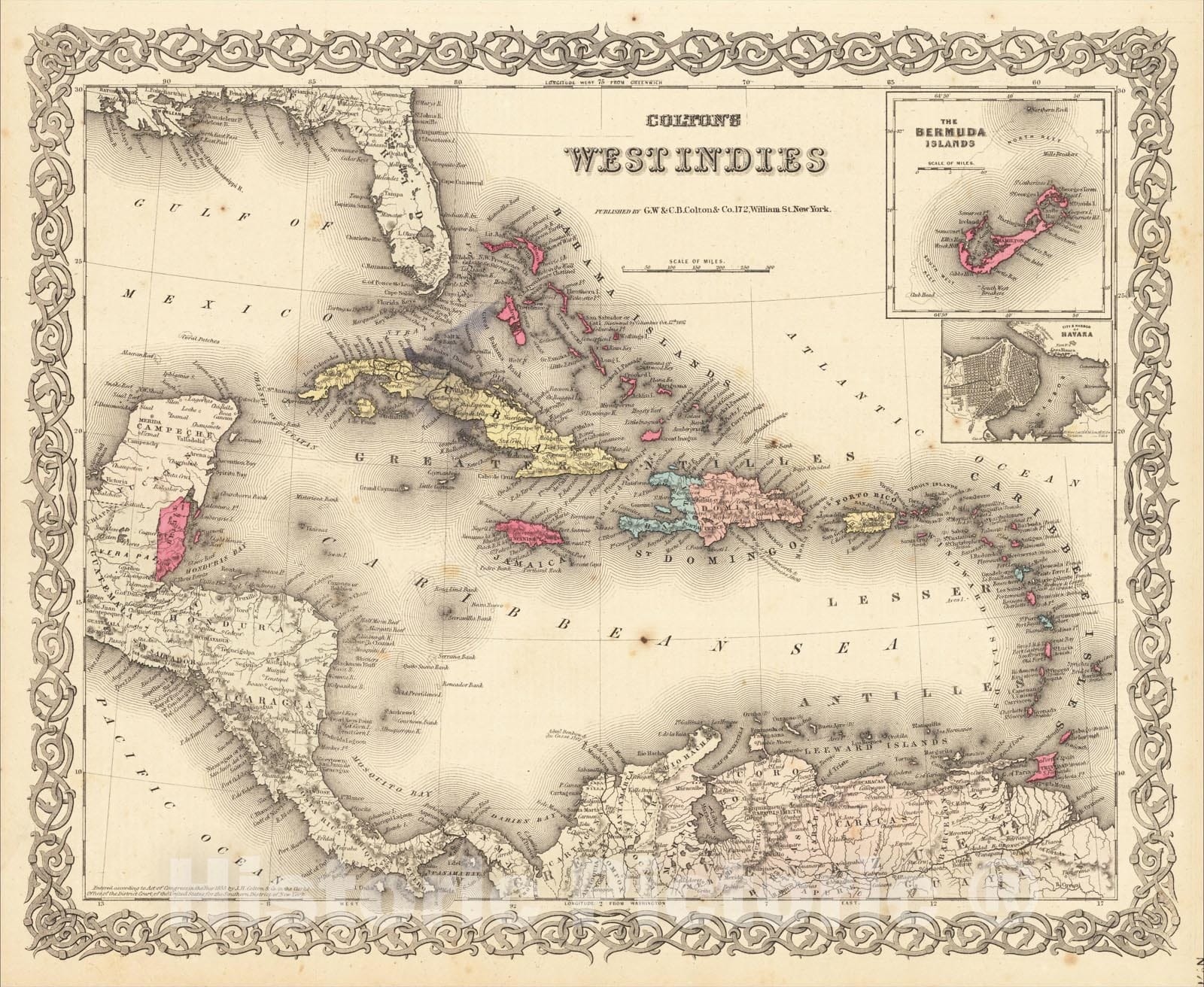 Historic Map : Colton's West Indies [Bermuda and Havana insets], 1864, G.W. & C.B. Colton, Vintage Wall Art